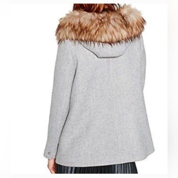 ZARA A-line Wool Duffle Coat jacket Gray detachable faux Fur Hood pockets size S - Picture 3 of 16